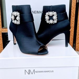 NM Neiman Marcus Candide Satin Open Toe Bootie
